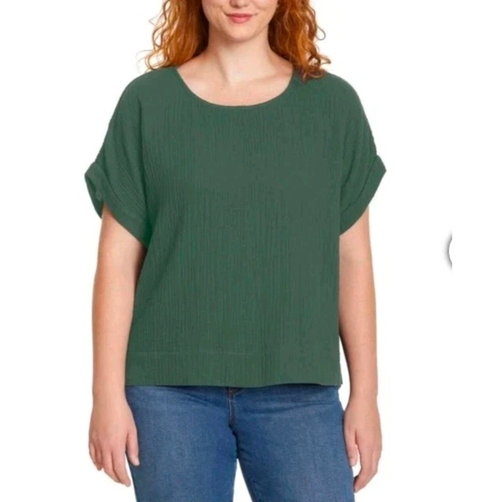 Gloria Vanderbilt Womens Green Cotton Crinkle Gauze Cuffed Sleeve Top Size M